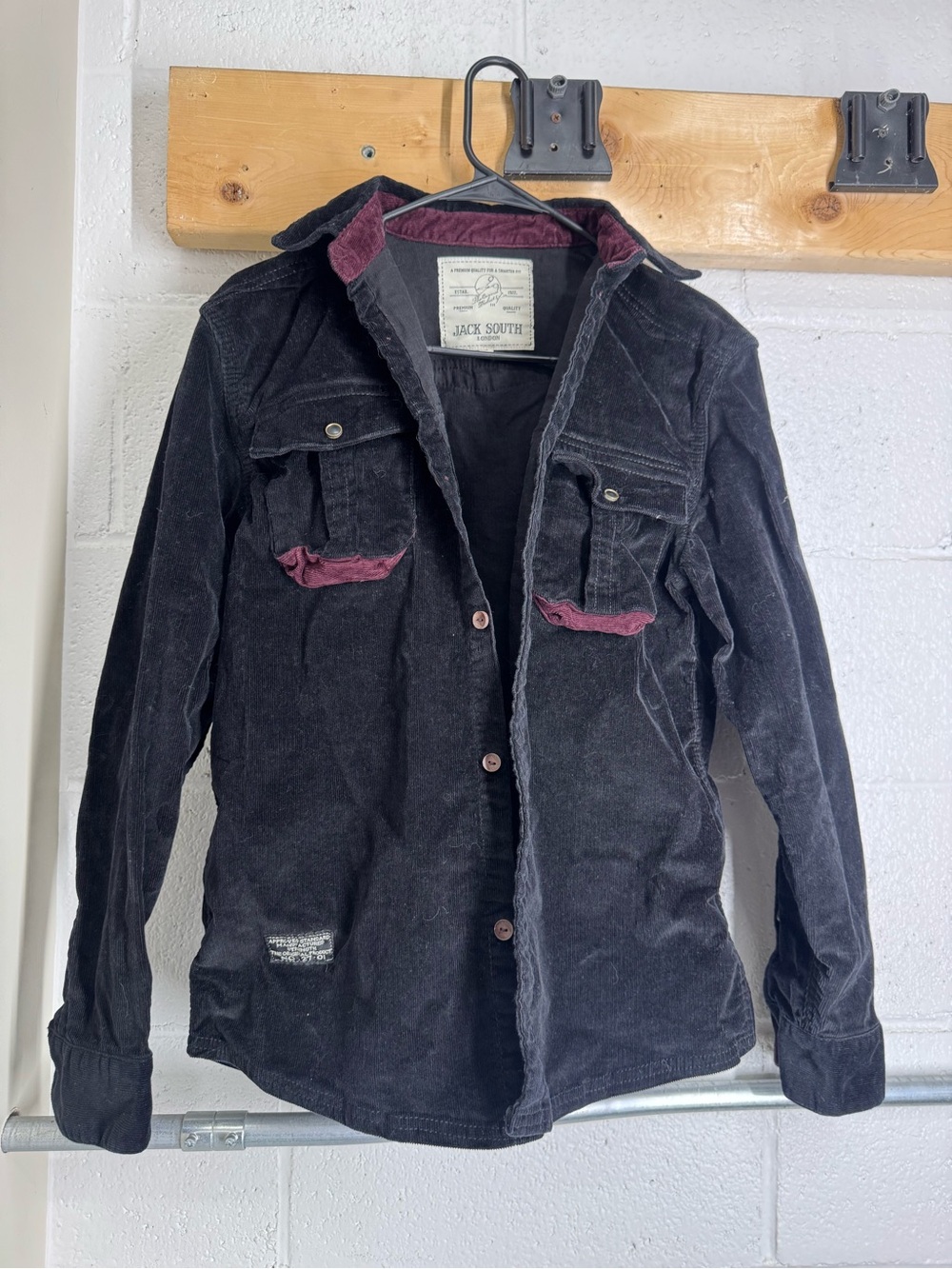 Men’s Black Corduroy Shirt Jacket with Burgundy Trim